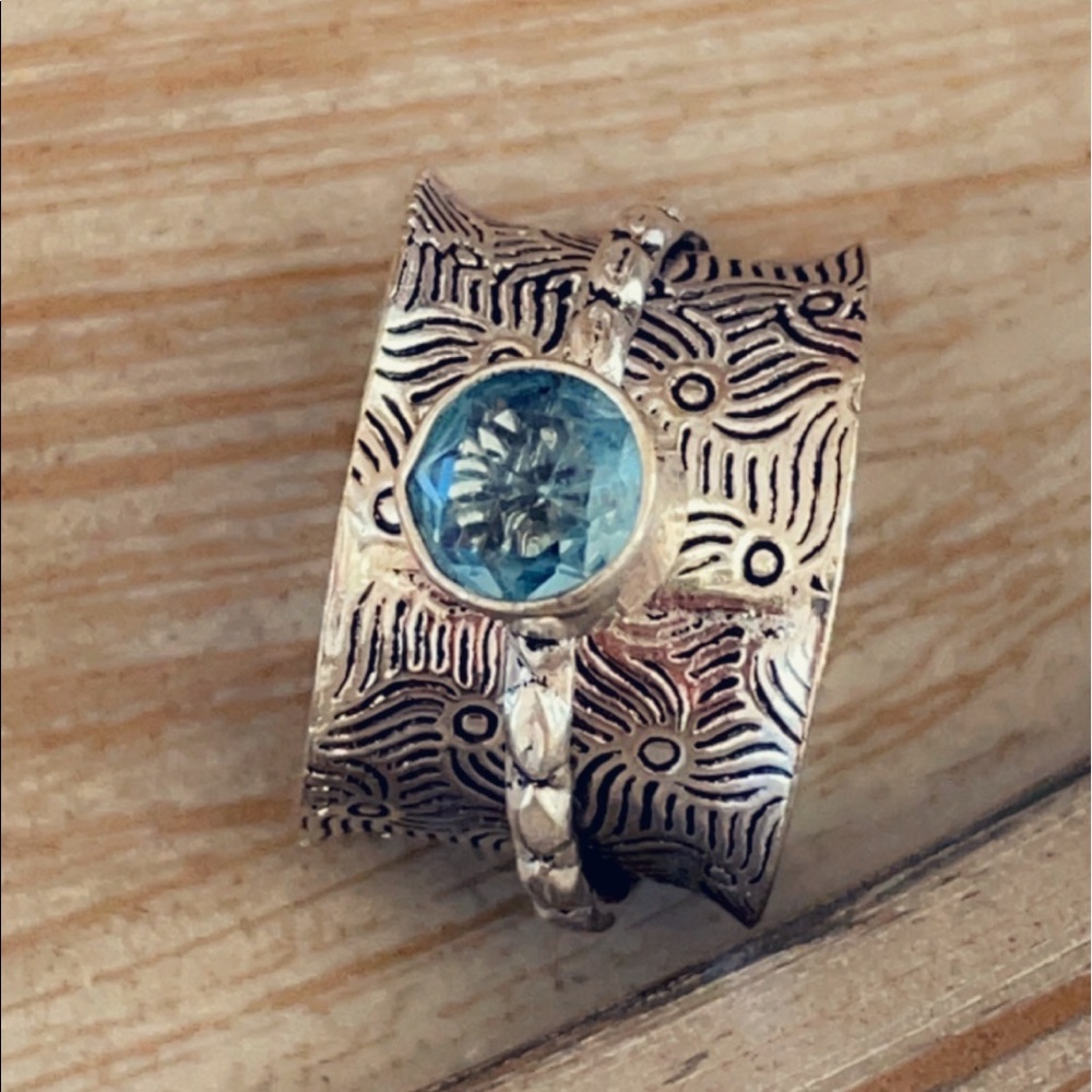 Fidget Ring Blue Topaz Spinner Sterling Silver Artisan Anxiety Ring - Picture 10 of 10